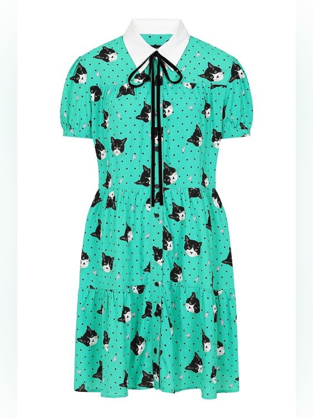 Hell Bunny Love Cat Face Lady Mini Dress White Collar Black Bow Smocked Teal 2XL - Picture 10 of 10